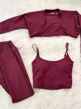 Posie Active Burgundy 3 Piece Tank, Bolero, and Leggings Set